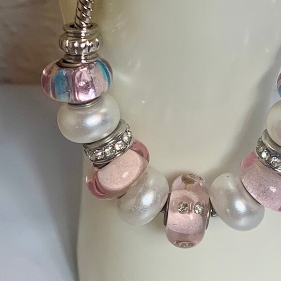 Pink Pearl Rhinestone Slide Charm Bracelet 7" - Picture 4 of 8